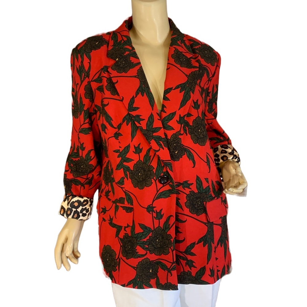 MONROE & MAIN RED W/BROWN FLORAL PRINT OPEN FRONT BLAZER (XL)